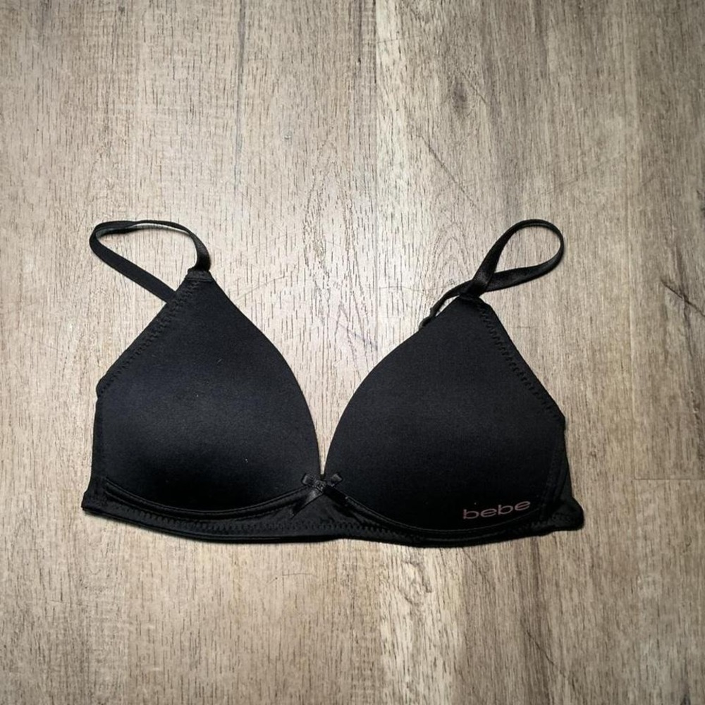 Bebe black triangle bra with pink logo